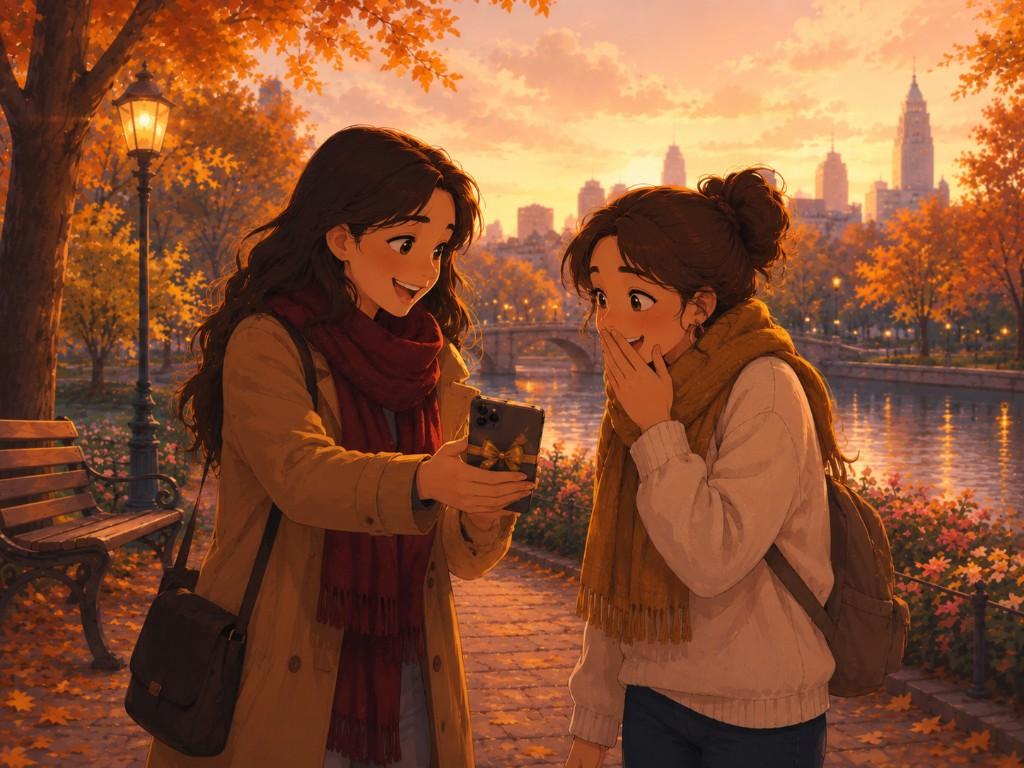 Duas melhores amigas no parque no outono, compartilhando um momento especial no telemóvel