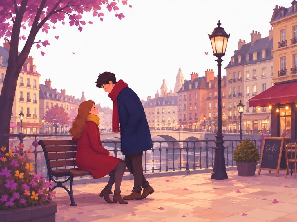 Casal à beira do rio ao entardecer, cidade europeia acolhedora — ilustração romântica